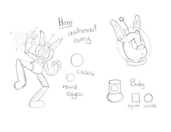 Sketches of a bipedal bunny in a space suit