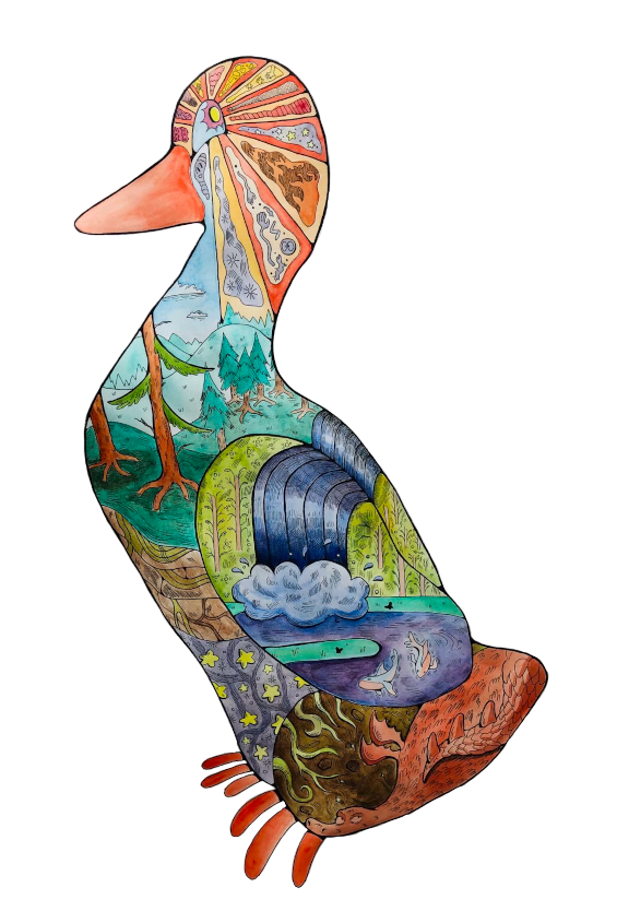 An ink and watercolor drawing of a goose covered in patterns and nature scenery