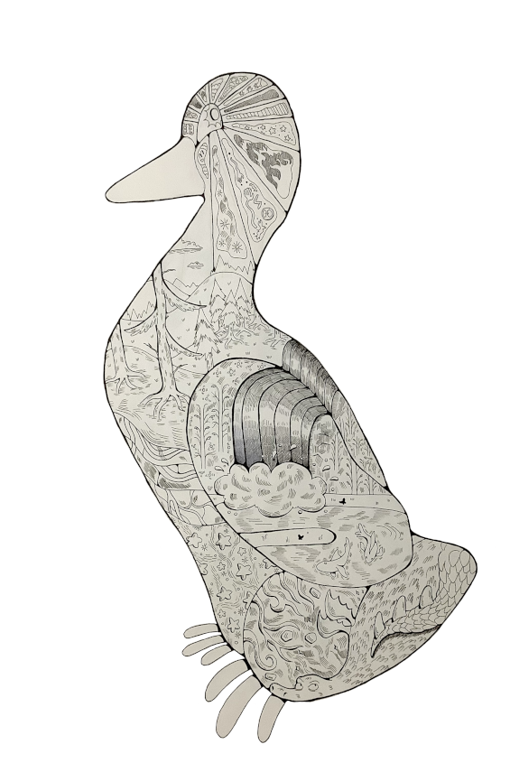 A black and white ink drawing of a goose covered in patterns and nature scenery