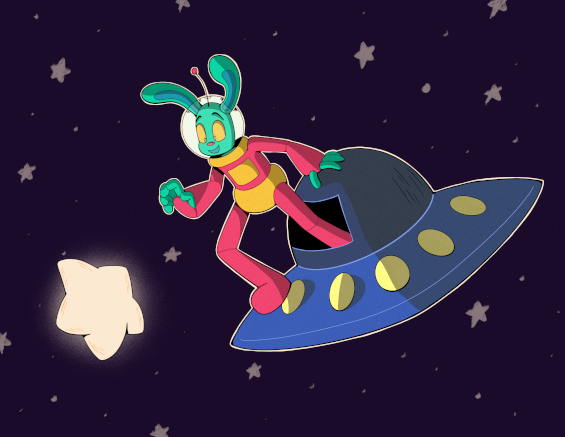 A digital illustration of a bipedal bunny in a space suit